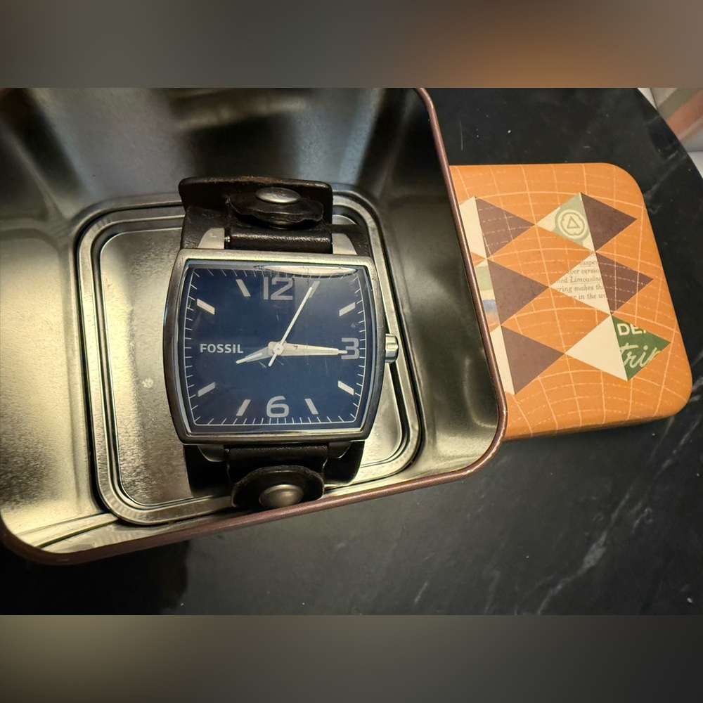 Fossil Square Blue Dial Wide Brown Leather Men’s Watch